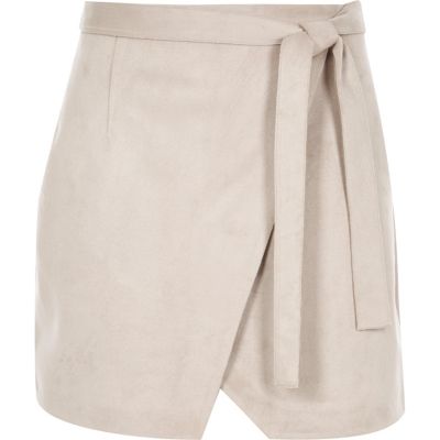 Grey faux suede wrap mini skirt